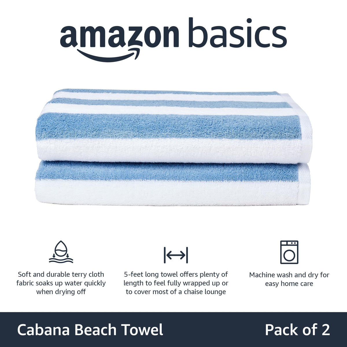 Amazon Basics Sky Blue Cabana Stripe Pool & Beach Towel, 100% Cotton, Soft & Absorbent, Machine Washable, Quick Dry, Large, 2 Pack, Sky Blue, 30" x 60"