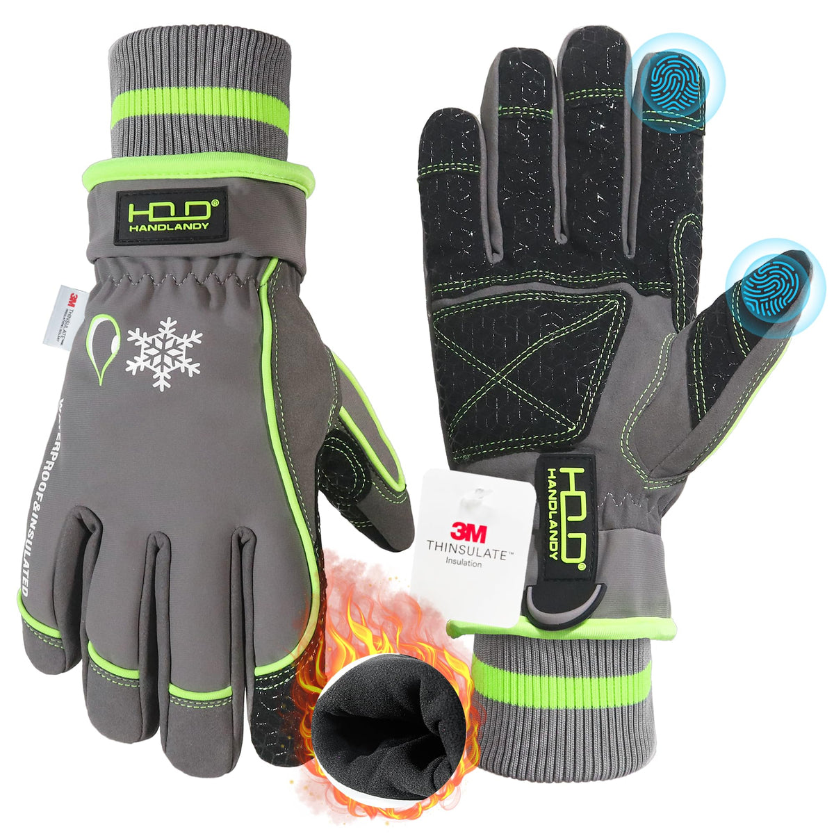 HANDLANDY Waterproof Insulated Work Gloves, 3M Thinsulate Thermal Winter Gloves for Men Women Touch Screen, Warm Ski Snowboard Cold Weather Gloves (Green-men Size, XX-Large)