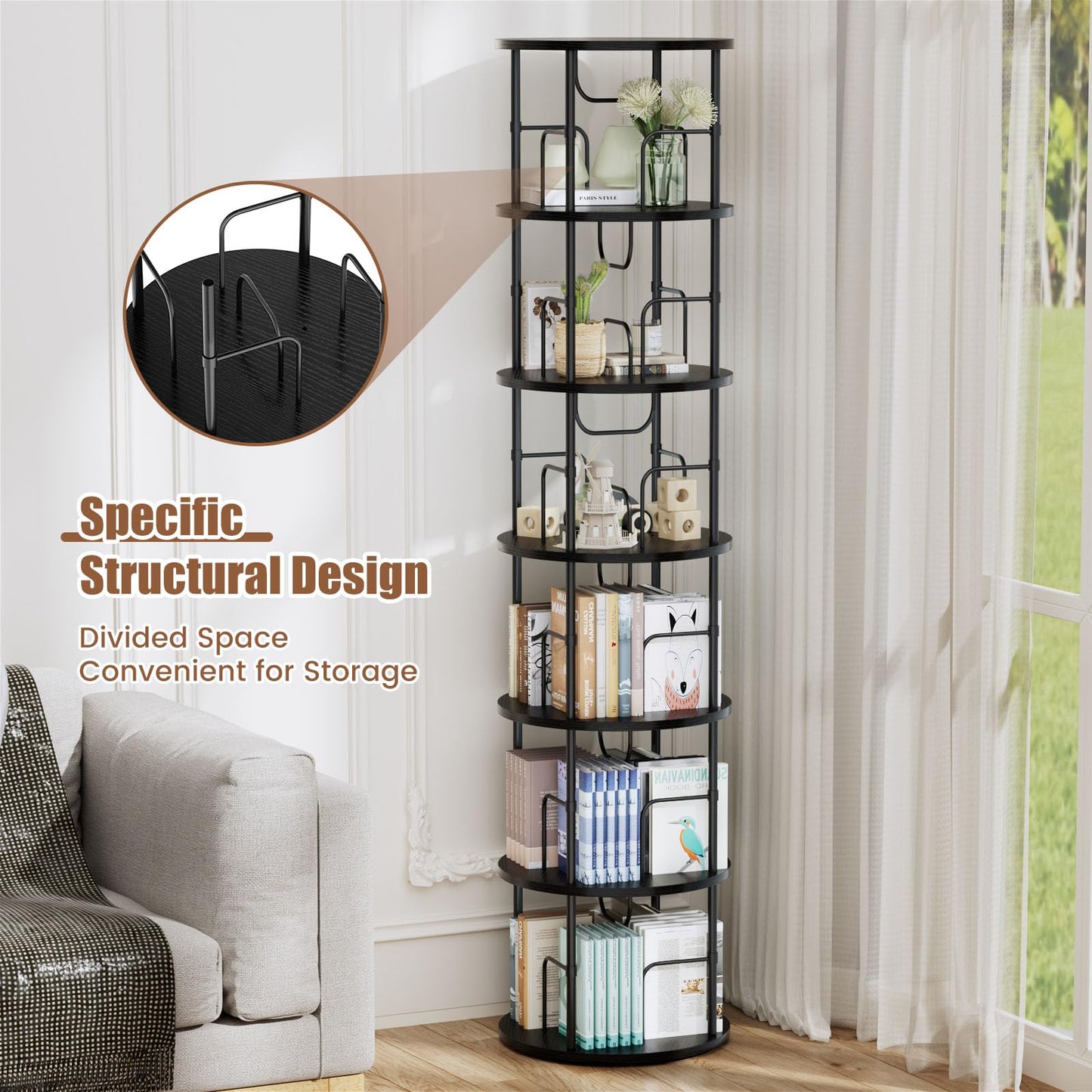 ALLSTAND 6 Tier Rotating Bookshelf, 360 ° Display Stackable Spinning Bookshelf Tower, Corner Bookshelf Tall Floor Standing Swivel Bookcase Narrow Storage Organizer for Bedroom, Living Room, Black