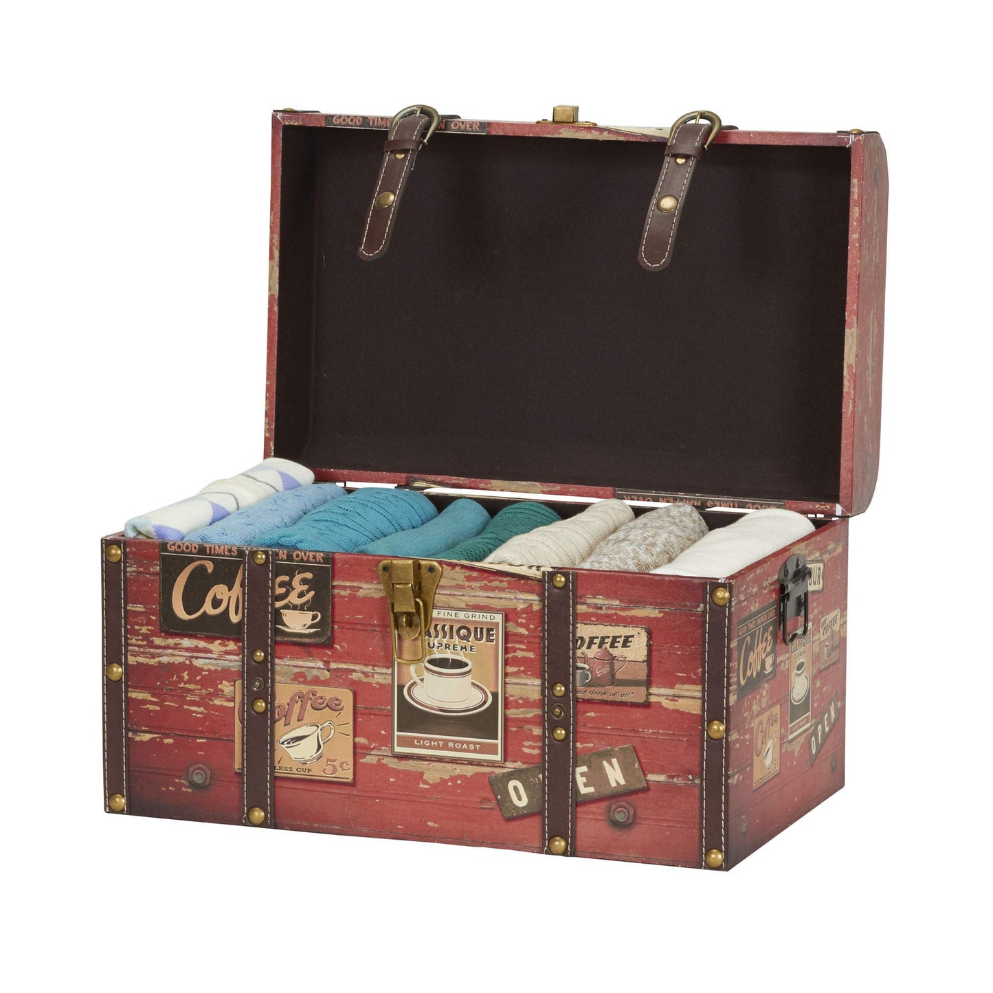 Household Essentials Medium Decorative Trunk, Coffee Shop Faux Decoupage, Antique Exterior, Leather and Metal Accents, Fabric Interior, Hinged Lid, Brown