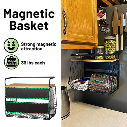 Magnetic Shelf for Fridge with Wood Lid, Fruit Potato and Onion Storage Bins, Pantry Organizers & Storage, Large Container Magnetic Spice Rack for Refrigerator, Kitchen Counter, Cabinet
