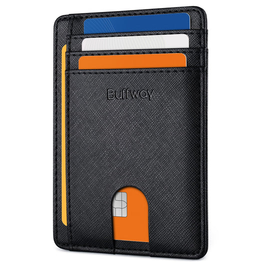 Buffway Slim Minimalist Front Pocket RFID Blocking Leather Wallets for Men and Women - Cross Black