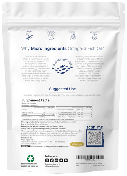 Triple Strength Omega 3 Fish Oil Supplements 4200mg Per Serving, 240 Softgels – Lemon Flavored – Burpless (Enteric-Coated) | EPA 1200mg + DHA 900mg | Deep Sea Fish, Wild Caught from Norwegian Waters