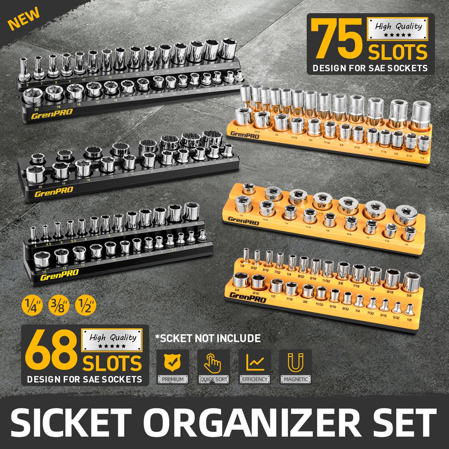 GRENPRO Socket Organizer for Tool Box Drawer, 6pc 143 Metric & SAE Magnetic Socket Holder, 1/4", 3/8", 1/2" Drive Socket Tray Set, Magnetic Socket Organizer