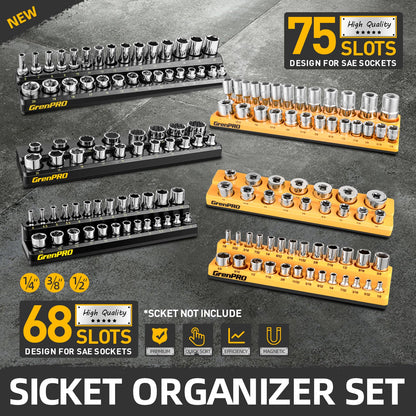 GRENPRO Socket Organizer for Tool Box Drawer, 6pc 143 Metric & SAE Magnetic Socket Holder, 1/4", 3/8", 1/2" Drive Socket Tray Set, Magnetic Socket Organizer