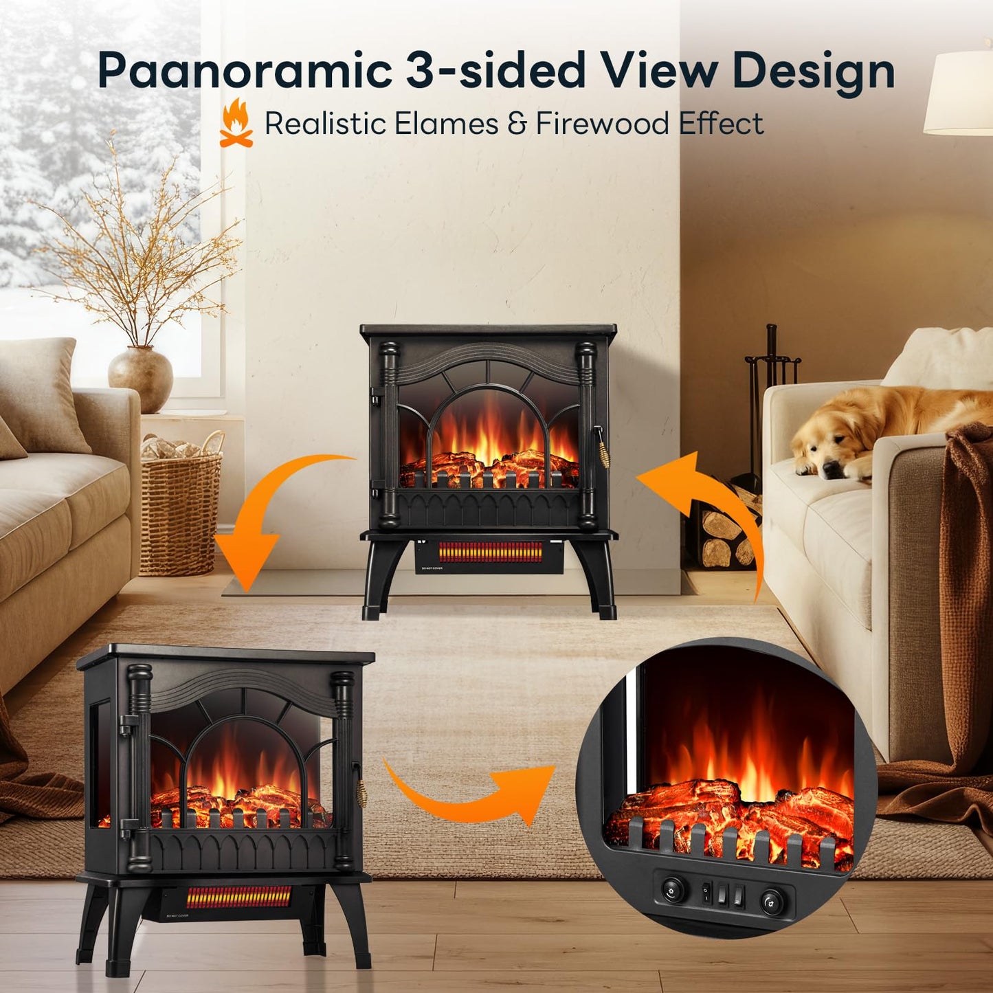 ZAFRO Freestanding Electric Fireplace Stove with Realistic Flame, 5100 BTU Electric Fireplace Heater with Retro Design, 1000W/1500W, Dual Safety Protection for Living Room, Bedroom