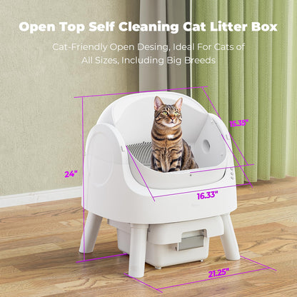 PetPivot Self-Cleaning Cat Litter Box for Multiple Cats - Automatic, Open Top, White with Liners and Mat Included