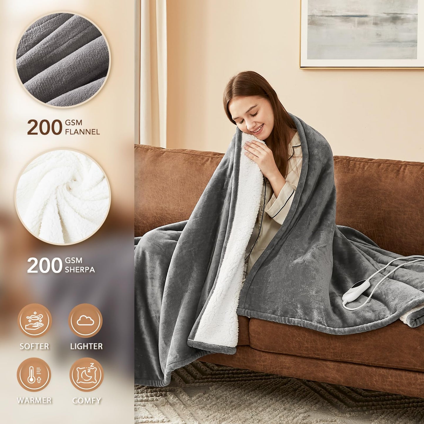 Homemate Heated Blanket Electric Throw - 50"x60" Heating Blanket Throw 1/2/4/6/8 Hours Auto-Off 10 Heat Level Over-Heat Protection Flannel Sherpa ETL Certification