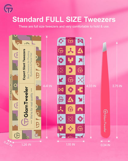 Expert Eyebrow Hair Removal Tweezer with Leather Case, GlamTweeler High Precision Slant Tip Stainless Steel Tweezers for Men and Women (Hot Pink)