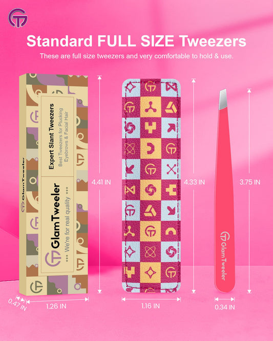 Expert Eyebrow Hair Removal Tweezer with Leather Case, GlamTweeler High Precision Slant Tip Stainless Steel Tweezers for Men and Women (Hot Pink)