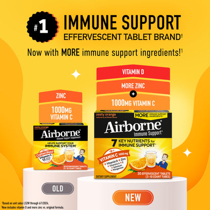 Airborne 1000mg Vitamin C with Vitamin D & Zinc, Sugar Free Multivitamin Immune Support Supplement, Antioxidants Vitamins A C & Vitamin E, 30 Effervescent Tablets, Zesty Orange Flavor
