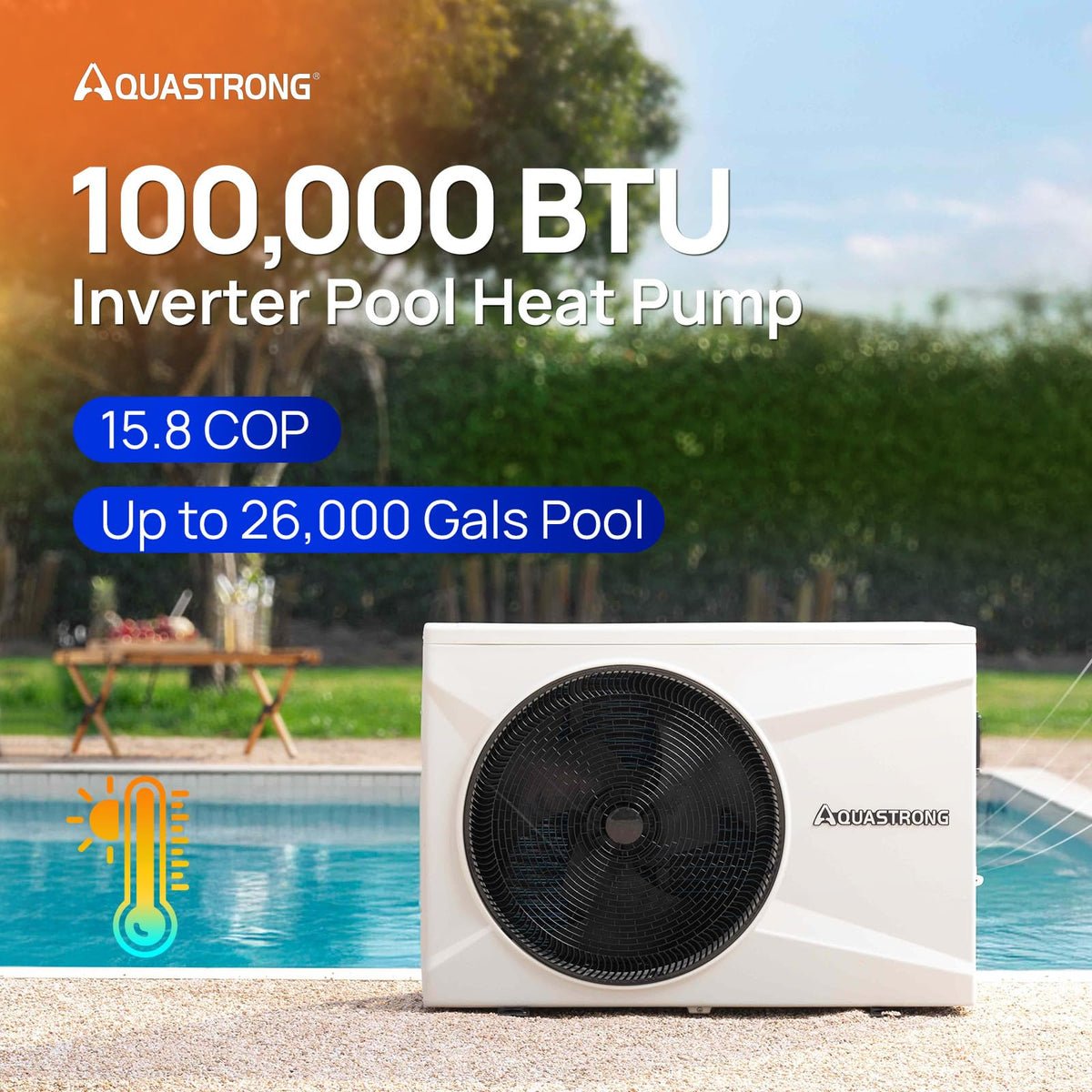 Aquastrong Inverter Swimming Pool Heat Pump, 100,000 BTU 26,000 Gallons Electric Pool Heater for Above Ground and Inground Pool, WiFi Capable Timer, Heating and Cooling Pool Heater 220V