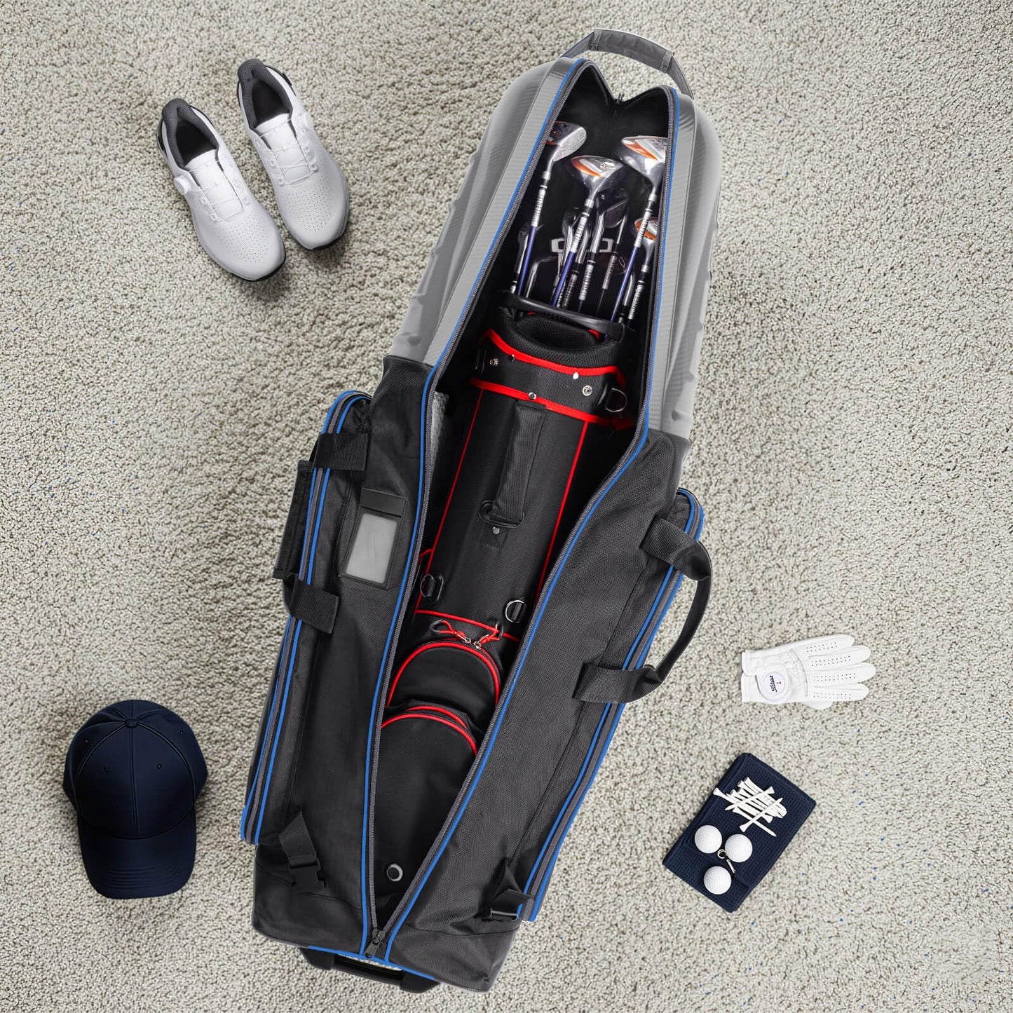 Golf Travel Bag for Airlines with Carbon Fiber Look Hard Top, Protective Club Traveling Cover with Wheel, Golf Club Carrier Case for Airplanes, Thick Padding, Durable Zippers, 2 Spacious Side Pockets