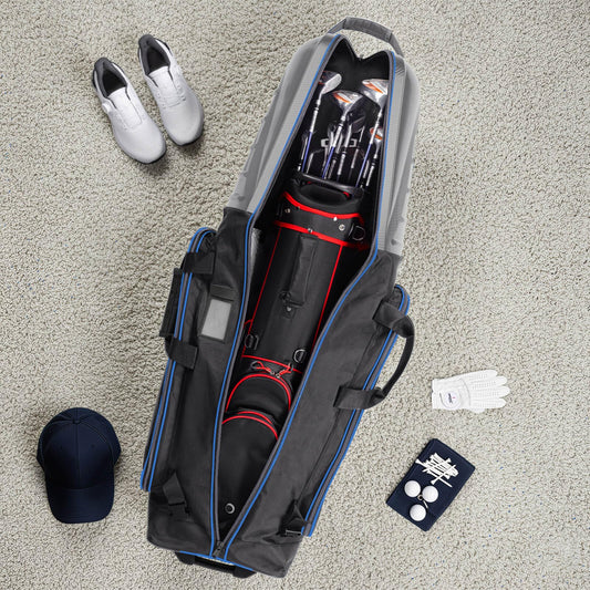 Golf Travel Bag for Airlines with Carbon Fiber Look Hard Top, Protective Club Traveling Cover with Wheel, Golf Club Carrier Case for Airplanes, Thick Padding, Durable Zippers, 2 Spacious Side Pockets