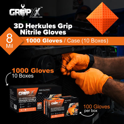 GRIPXX Herkules Grip Heavy Duty 8Mil Orange Nitrile Gloves,3D Raised Diamond Texture-Latex & Powder Free-Industrial, Mechanic (10, X-Large)