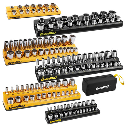 GRENPRO Socket Organizer for Tool Box Drawer, 6pc 143 Metric & SAE Magnetic Socket Holder, 1/4", 3/8", 1/2" Drive Socket Tray Set, Magnetic Socket Organizer