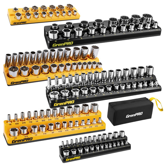 GRENPRO Socket Organizer for Tool Box Drawer, 6pc 143 Metric & SAE Magnetic Socket Holder, 1/4", 3/8", 1/2" Drive Socket Tray Set, Magnetic Socket Organizer