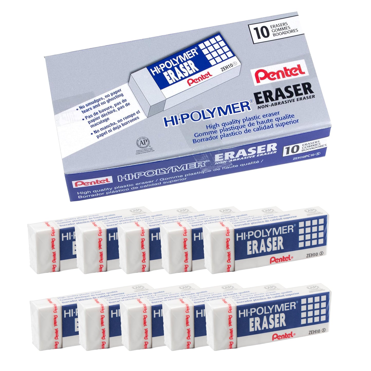 Pentel Hi-Polymer Block Eraser, White, 10/Box (ZEH10PC10)