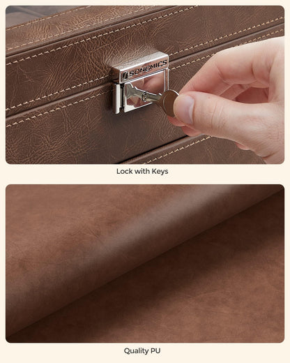 SONGMICS 12-Slot Watch Box, Lockable Watch Case with Glass Lid, 2 Layers, with 1 Drawer for Rings, Bracelets, Gift Idea, Brown Synthetic Leather, Brown Lining UJWB012K01