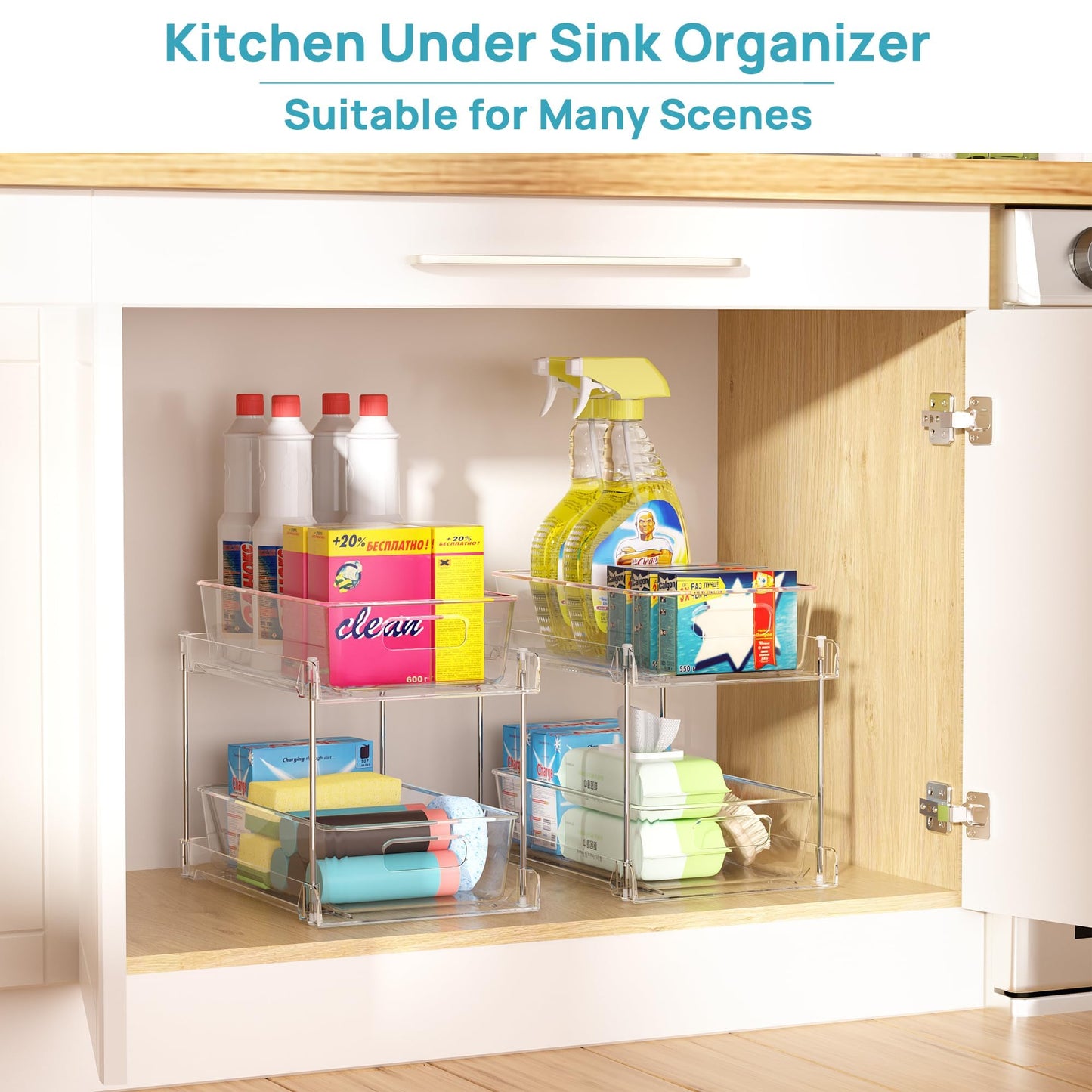 Vtopmart 4 Pack Bathroom Organizer, 2 Tier Clear Under Sink Organizers Vanity Countertop Storage Container,Cabinet Drawers Bins, Pull-Out Organization with Track for Pantry, Kitchen