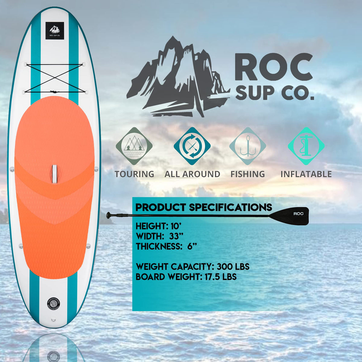 Roc Inflatable Stand Up Paddle Boards with Premium SUP Paddle Board Accessories, Wide Stable Design, Non-Slip Comfort Deck for Youth & Adults (Aqua)