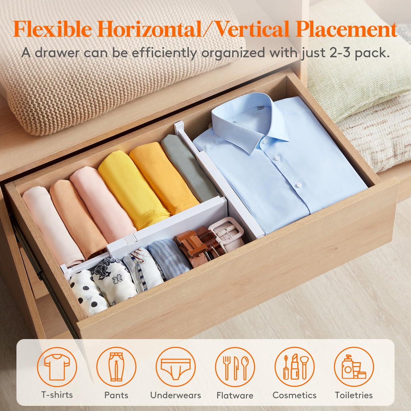 Lifewit 5 Pack 4" High Drawer Dividers 28-43.5cm/11-17" Adjustable Drawer Organizer for Clothes/Utensils, Expandable Drawer Separator in Dresser/Kitchen/Bedroom/Office Organization & Storage White