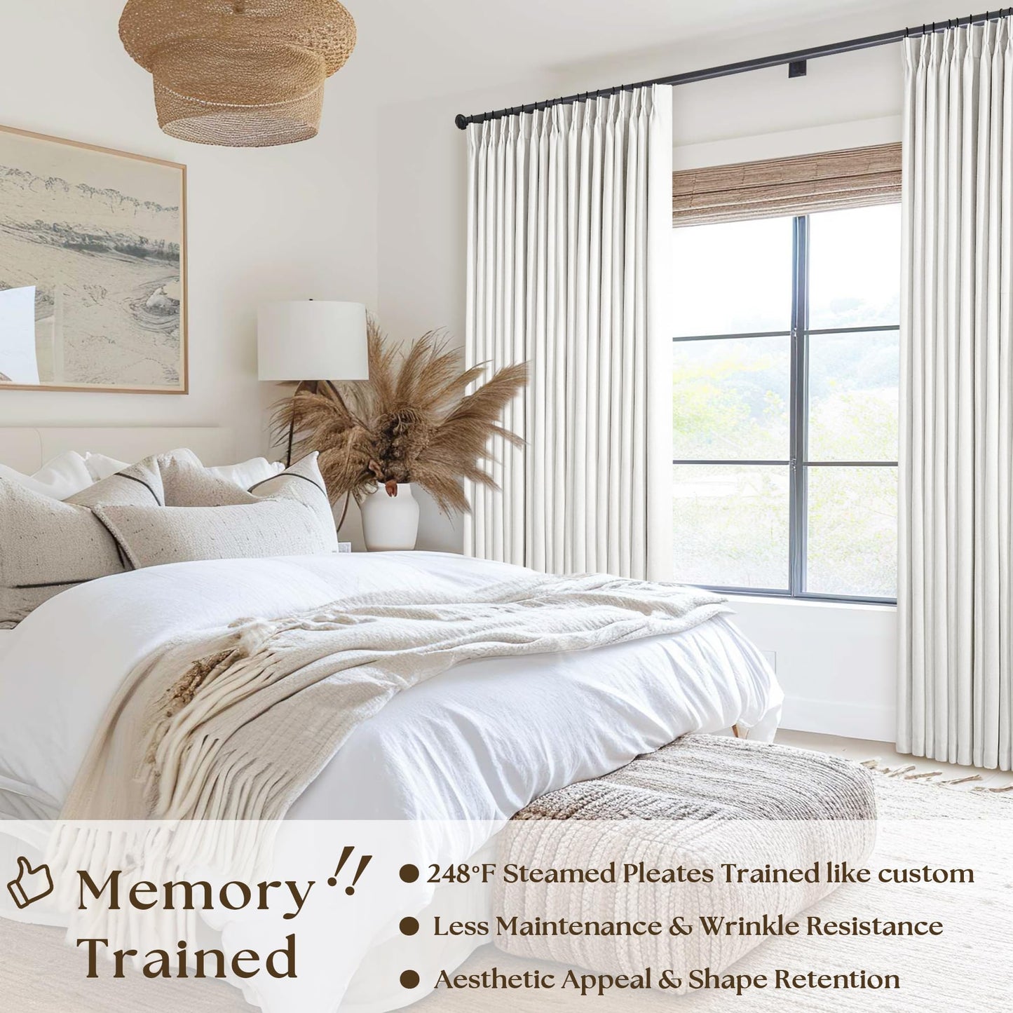 102 Inch 100% Blackout Linen Pleated Curtain 60 Inch Wide 1 Panel for Living Room Pinch Pleat Back Tab Black Out Drapes Memory Shape Heat Reducing 2 Layer Curtain Bedroom Sliding Door 102 Inches Long