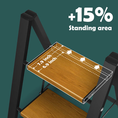 Taranta 3 Step Ladder,Aluminum Lightweight Folding 3 Step Stool with Anti-Slip Wide Pedal, 330lbs Capacity Step Ladder for Household,Kitchen,Office - BlackWoodgrain