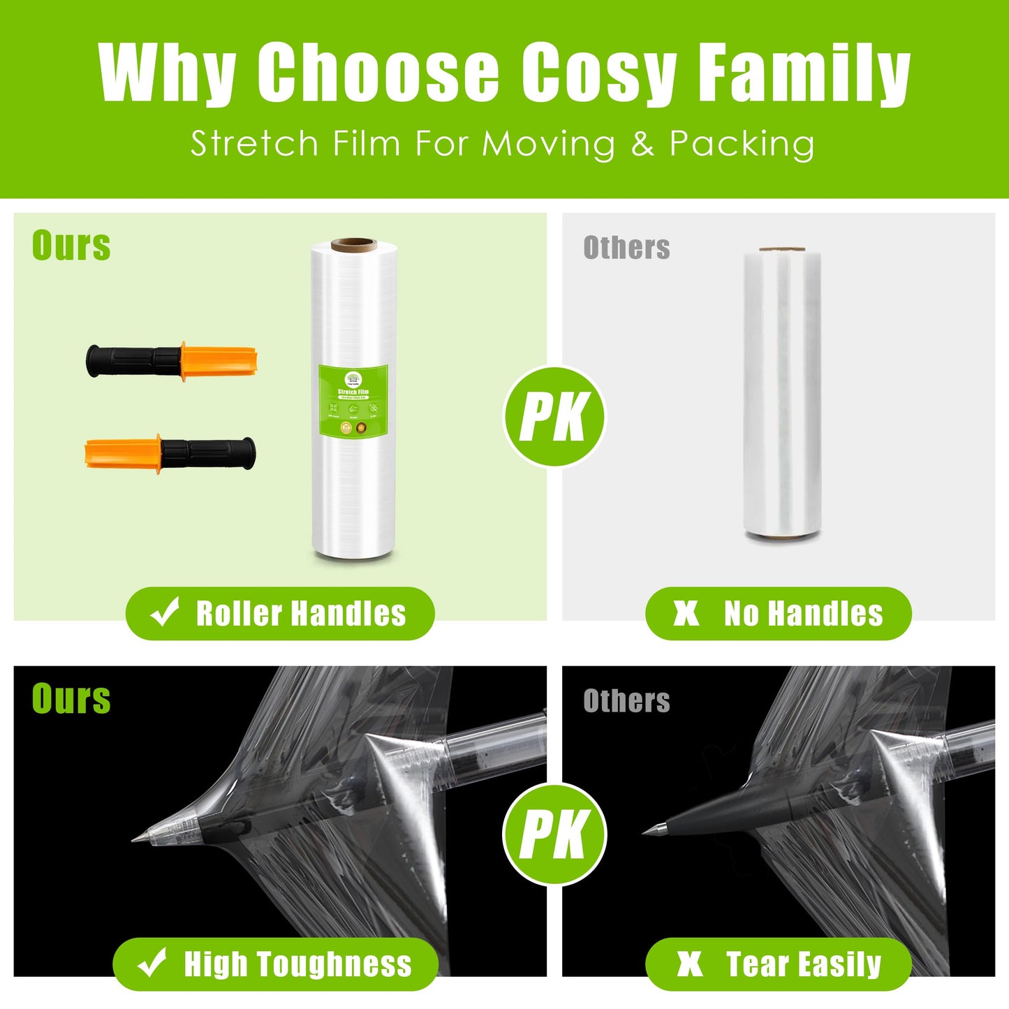 Cosy Family Plastic Wrap Stretch Film Roll - 1000ft 60 Gauge Industrial Strength 15 inch Wide Clear Plastic Wrap Roll with Handles for Pallet Wrapping Shipping Moving - Clear, Pack of 2