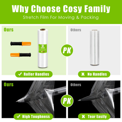 Cosy Family Plastic Wrap Stretch Film Roll - 1000ft 60 Gauge Industrial Strength 15 inch Wide Clear Plastic Wrap Roll with Handles for Pallet Wrapping Shipping Moving - Clear, Pack of 2