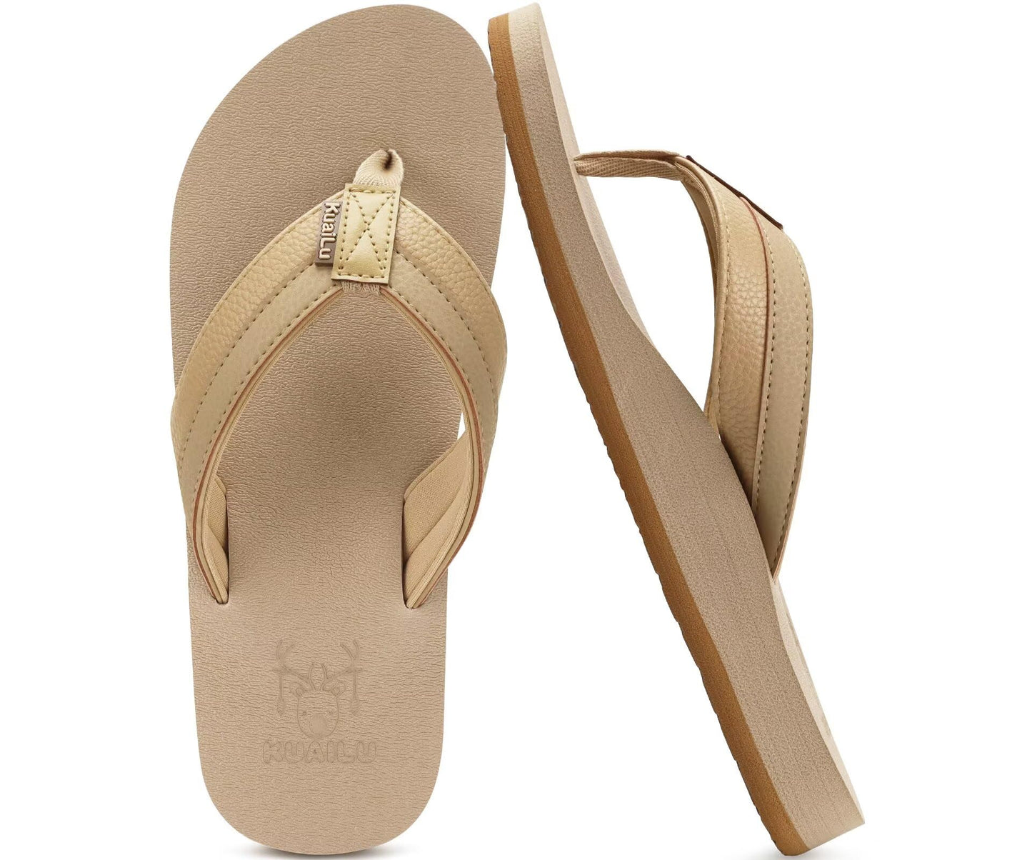 KuaiLu Men's Leather Flip Flops Arch Support Summer Beach Pool Water Thong Sandals Waterproof Rubber Walking Shoes Slip on Orthotic Casual Sport Cushioned Wide Slides Shower Slippers Apricot Size 14