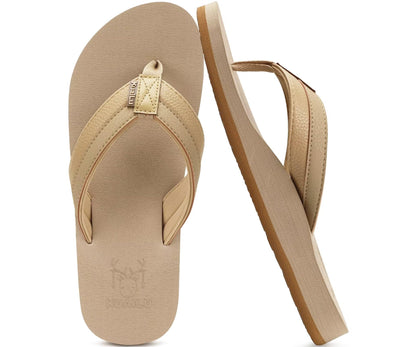 KuaiLu Men's Leather Flip Flops Arch Support Summer Beach Pool Water Thong Sandals Waterproof Rubber Walking Shoes Slip on Orthotic Casual Sport Cushioned Wide Slides Shower Slippers Apricot Size 14