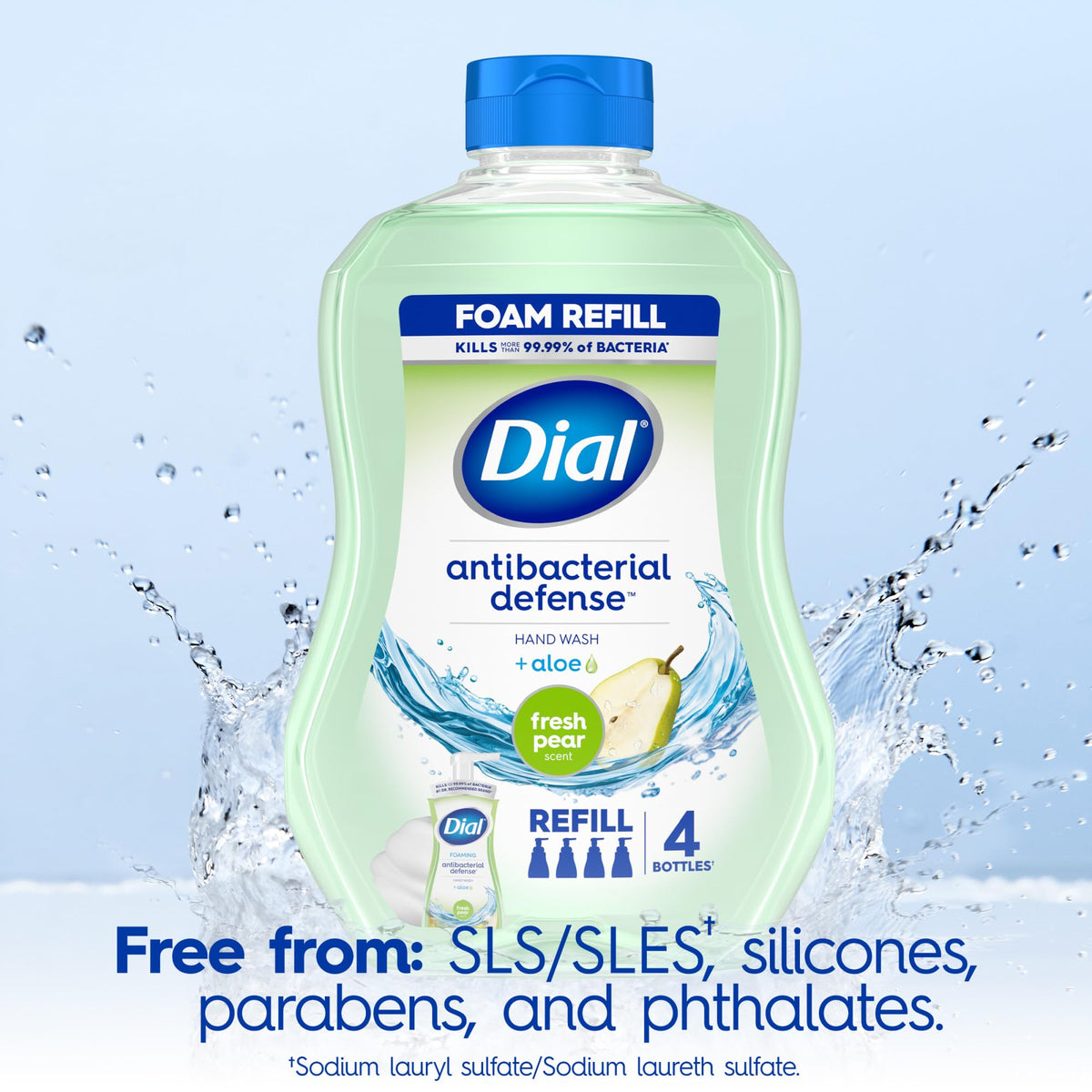 Dial Antibacterial Defense Foaming Hand Soap + Aloe, Fresh Pear Scent, 30 Fl Oz Hand Soap Refill (Pack of 4), Dermatologist-Tested, Gentle on Skin