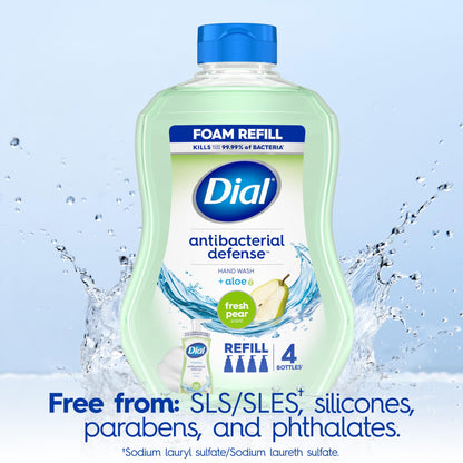 Dial Antibacterial Defense Foaming Hand Soap + Aloe, Fresh Pear Scent, 30 Fl Oz Hand Soap Refill (Pack of 4), Dermatologist-Tested, Gentle on Skin