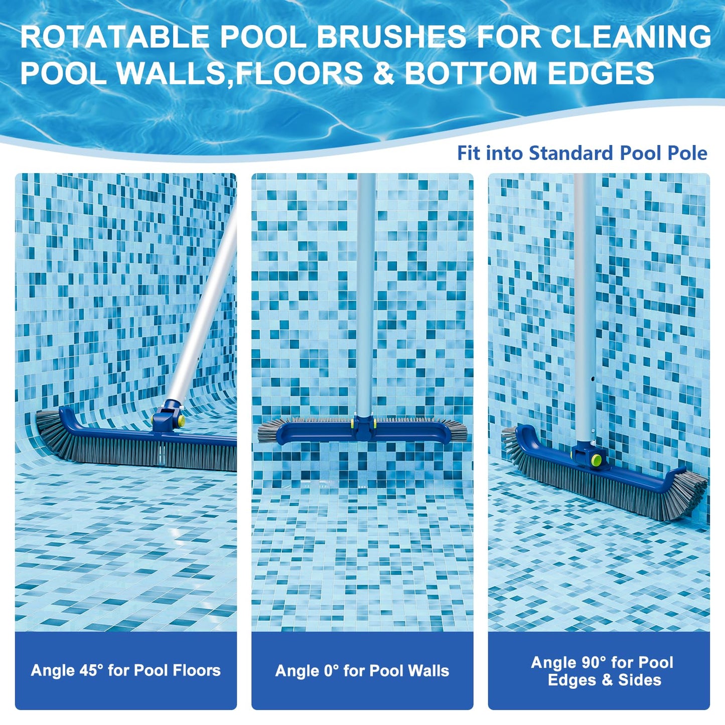 POOLAZA Pool Brush with Rotatable Handle,17.5" Pool Brush Head for Inground Pools, Above-Ground & Vinyl Pools, Heavy-duty Pool Brushes for Cleaning Pool Walls, Sturdy Pool Brush Fit Standard Pool Pole