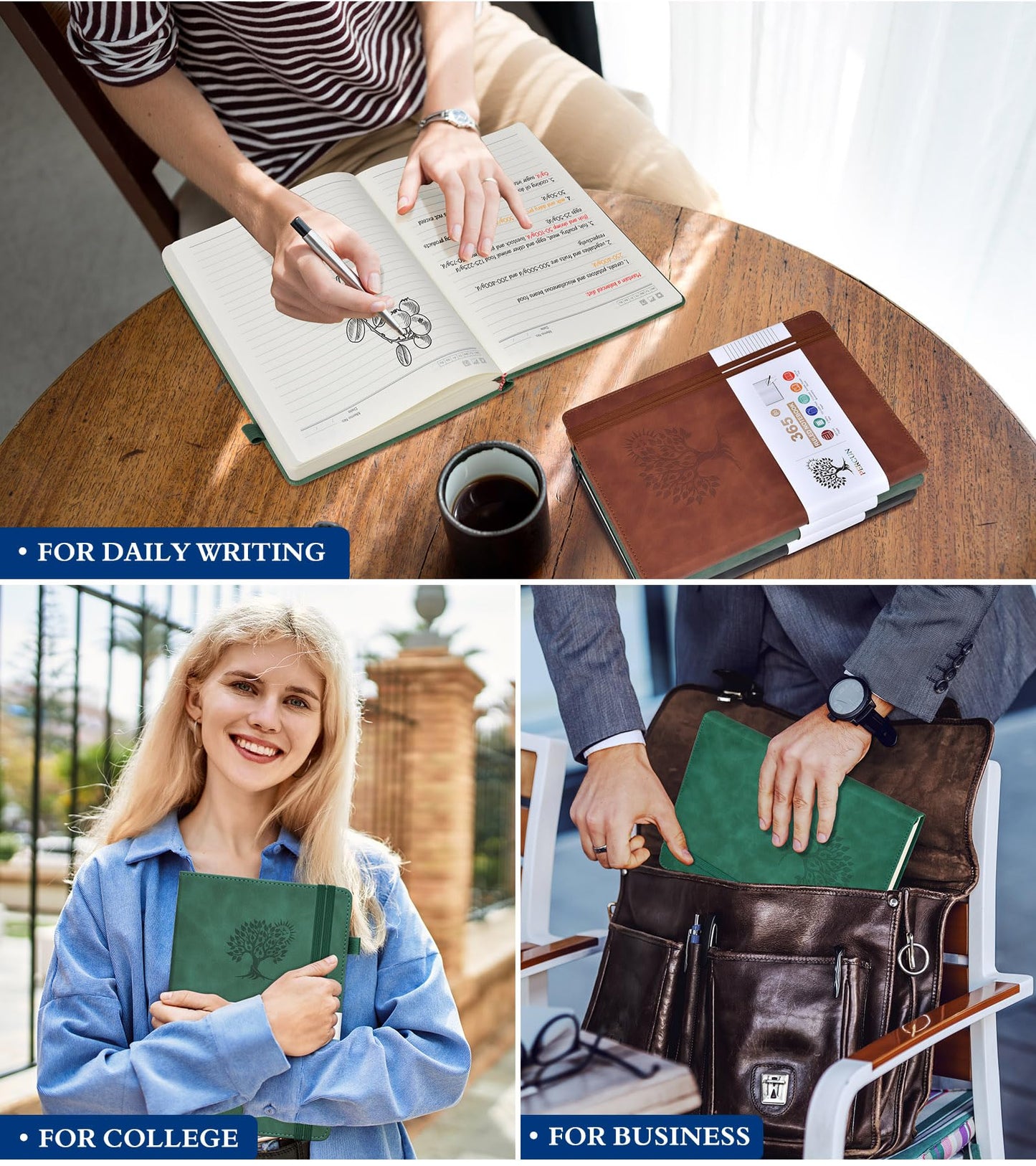 PERCUN B5 Lined Journal Notebook - 365 Page Large Leather Journals for Writing Women Men，Hardcover Notebook with 100Gsm Thick Pages，Daily Diary for Travel, Work，School，College Ruled (7.6" x 10.3")