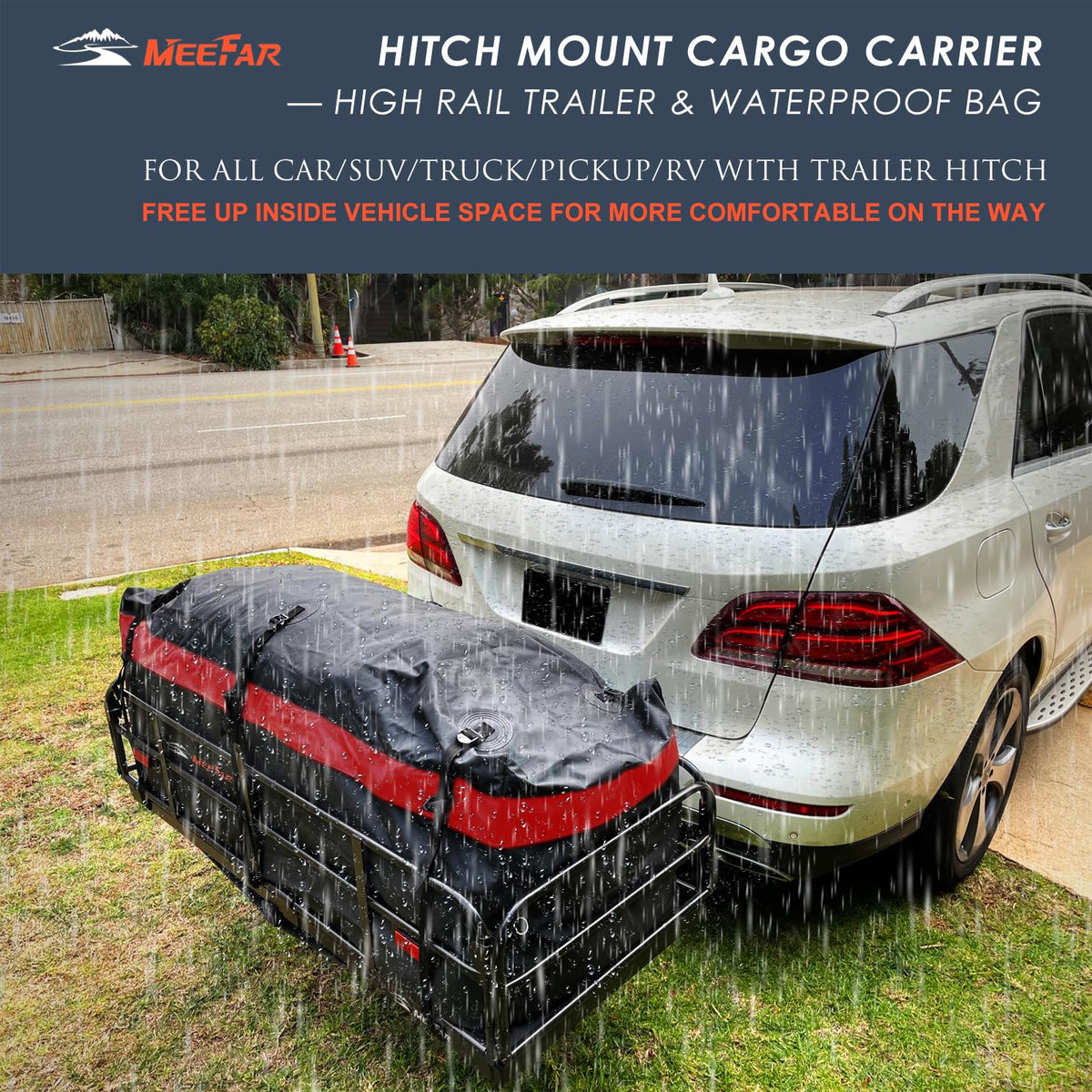 MeeFar High Rail Trailer Folding Hitch Mount Cargo Carrier Basket 60" X 24" X 14"+Waterproof Cargo Bag 20 cu ft(59" 24" 24"), Capacity of 500 Lbs with Hitch Stabilizer, Net, Lock and Straps