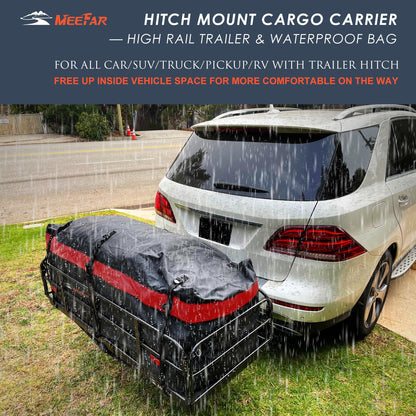 MeeFar High Rail Trailer Folding Hitch Mount Cargo Carrier Basket 60" X 24" X 14"+Waterproof Cargo Bag 20 cu ft(59" 24" 24"), Capacity of 500 Lbs with Hitch Stabilizer, Net, Lock and Straps