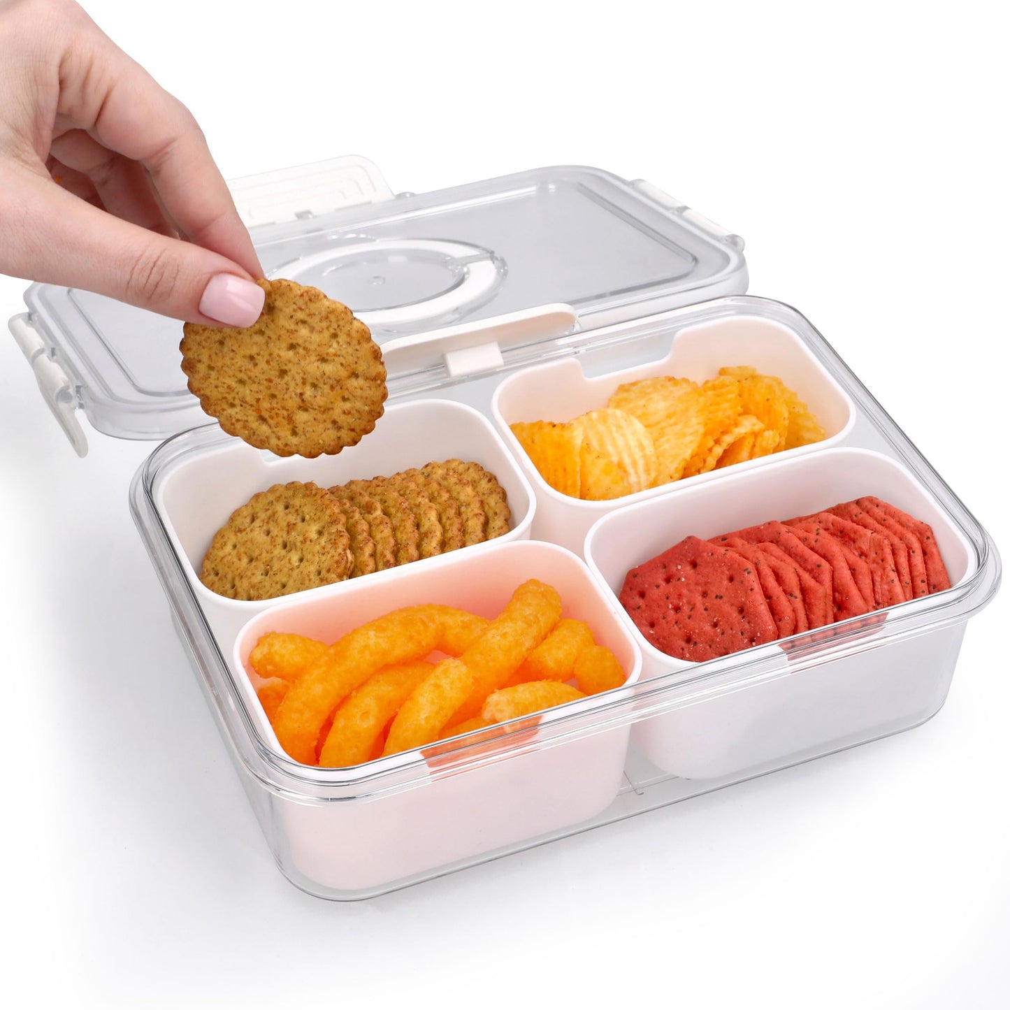 KEYVOZ Snackle Box Container with Lid- Travel Charcuterie Box with Handle - Organizer for Candy, Fruit, Nuts, Veggies, Snacks, Beach Essentials, Portable Lunch Box (Bright White, Small)