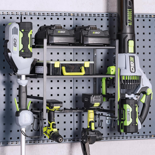 KAFAHOM Leaf Blower and Weed Eater Rack, Lawn Power Tool Organizer Wall Mount, Lawn Tool Storage Rack for Leaf Blower, Weed Eater, Battery, Charger,3-Tier Black