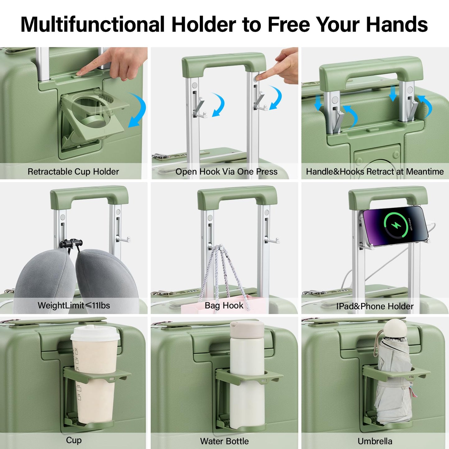 Hanke 28 Inch Luggage with Cup Holder and Charge,Top Opening Hard Shell Suitcases with Wheels and Dividers,Aluminum Frame Trunk Luggage Extra Large Suitcase with Lock for Travel，Bamboo Green