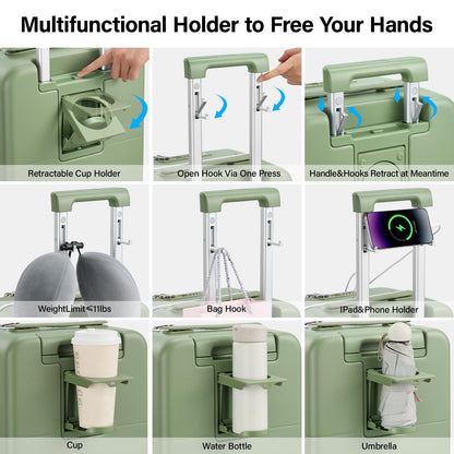 Hanke 28 Inch Luggage with Cup Holder and Charge,Top Opening Hard Shell Suitcases with Wheels and Dividers,Aluminum Frame Trunk Luggage Extra Large Suitcase with Lock for Travel，Bamboo Green