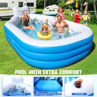 Inflatable Swimming Pool for Kids and Adults,Thickened Large Adult Pool for Backyard with Seat and Backrest, Kids Outdoor Blow up Pools,125"X75"X25"Inflatable Pools for Summer (Sky Blue)