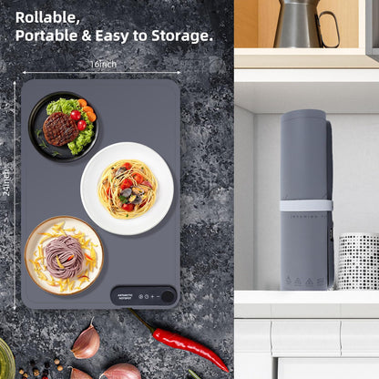 Food Warming Mat 24x16inch Surface Heating for Food Party Buffet Daily Use, Portable Electric Silicone Defrosting Tray, Hot Plate Keep Food Warm (Gray)
