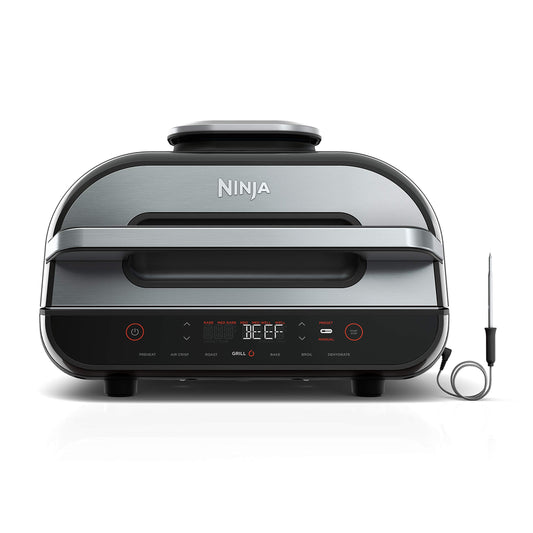 Ninja | Indoor Grill and Air Fryer| Foodi Smart XL | 6-in-1 Grill, Air Fry, Roast, Bake, Broil, Dehydrate & Crisp |Smart Thermometer & Splatter Shield | Dishwasher Safe Parts | Black/Silver | FG551