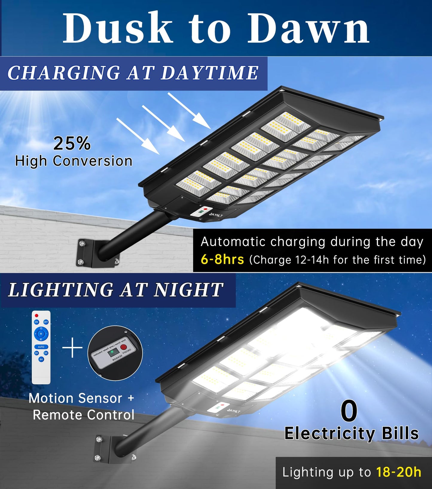 JAYNLT Y-6800W Solar Street Lights Outdoor, 600000LM 6500K Powerful Parking Lot Lights Commercial, Duks to Dawn Solar Lamp Outdoor with Motion Sensor for Yards, Driveways