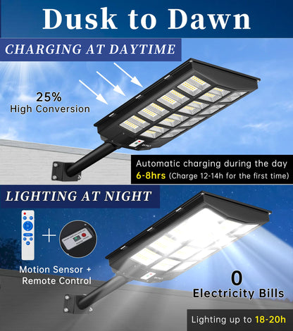 JAYNLT Y-6800W Solar Street Lights Outdoor, 600000LM 6500K Powerful Parking Lot Lights Commercial, Duks to Dawn Solar Lamp Outdoor with Motion Sensor for Yards, Driveways