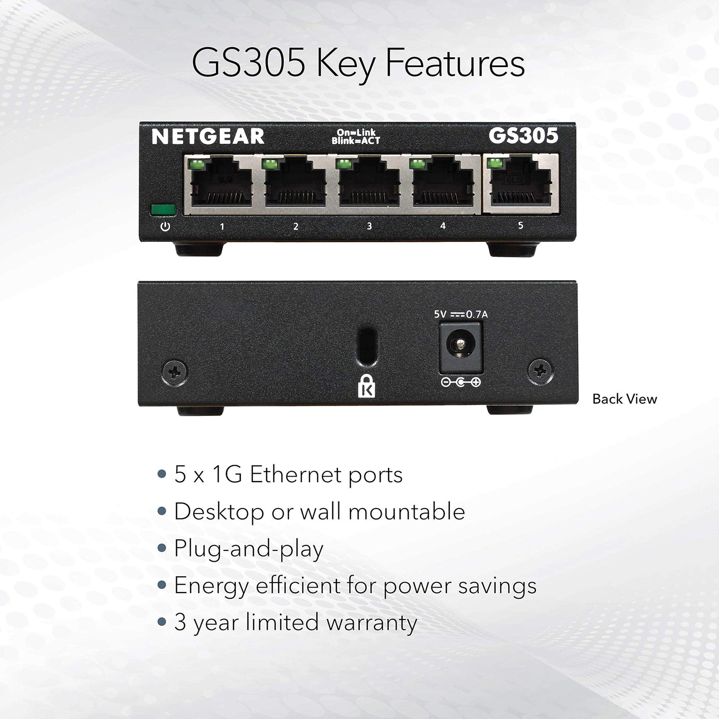 NETGEAR 5-Port Gigabit Ethernet Unmanaged Essentials Switch (GS305) - Home Network Hub, Office Ethernet Splitter, Plug-and-Play, Silent Operation, Desktop or Wall Mount