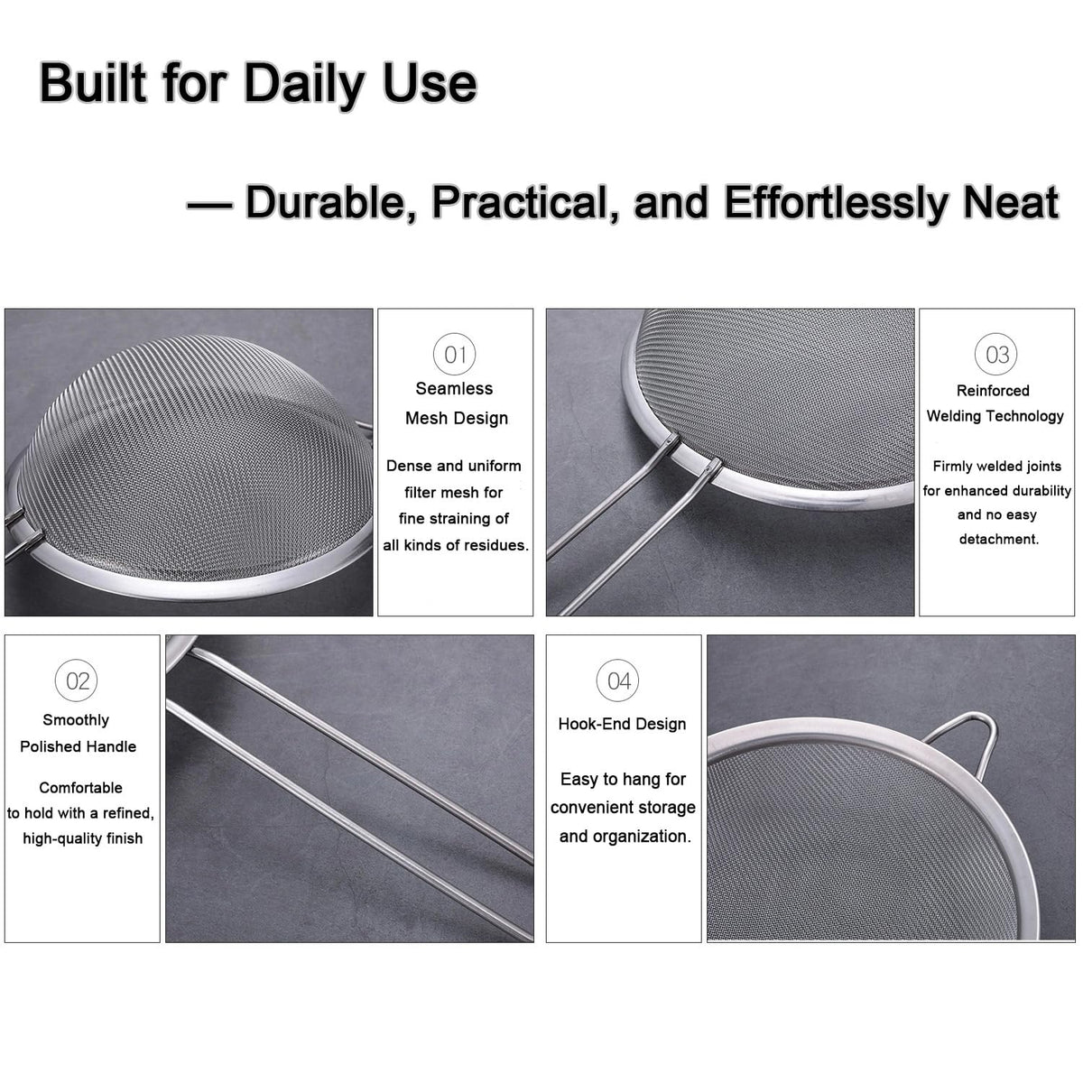 3 Piece Ultra Fine Wire Strainer with Handle, Small Medium Large Sieve Metal Strainer Set, Stainless Steel Sieve Fine Mesh Strainer for Kitchen Rice Juice Quinoa Food Flour Baking