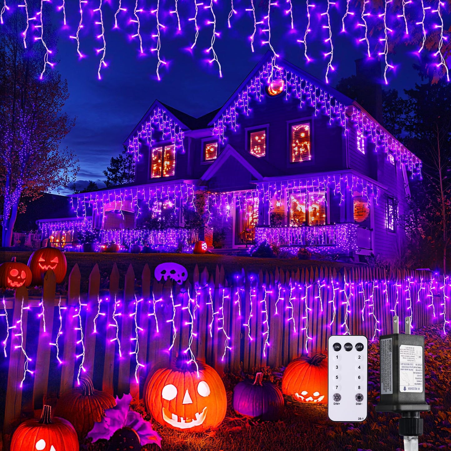 JMEXSUSS Purple Halloween Icicle Lights, 38.8 FT 400 LED Icicle Light Outdoor Waterproof, 8 Modes Purple Halloween Lights with 80 Drops Plug in for House Christmas Party Decorations